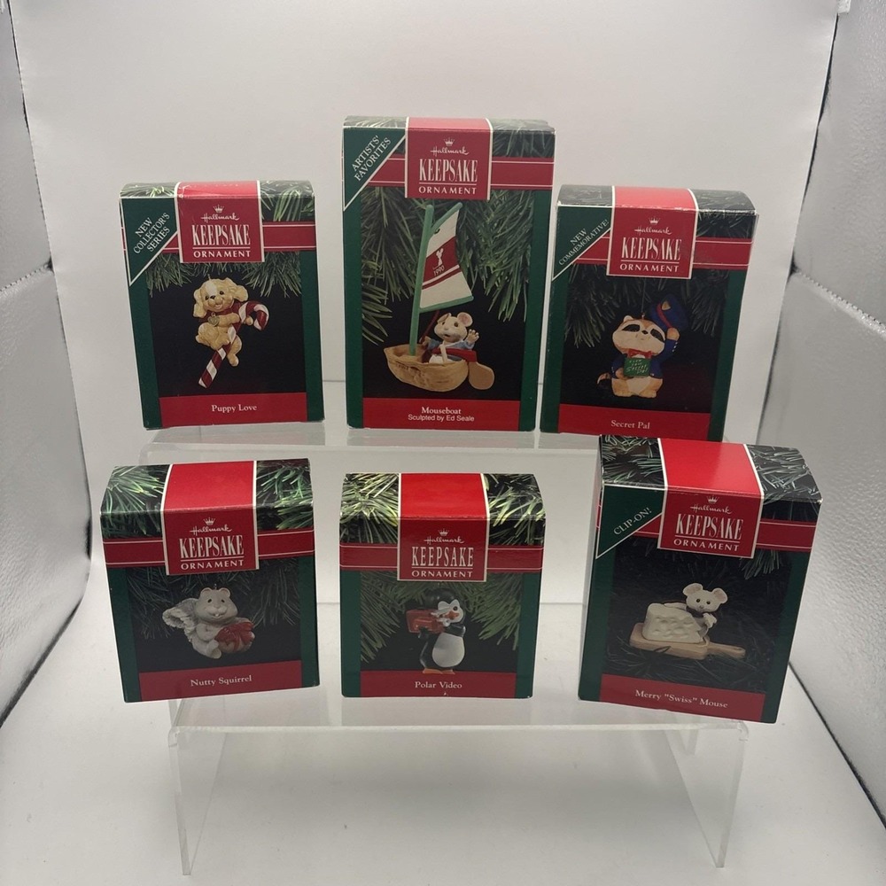Vtg~Hallmark Ornaments~Lot of 6~Mouse/Puppy/Squirrel~IOB